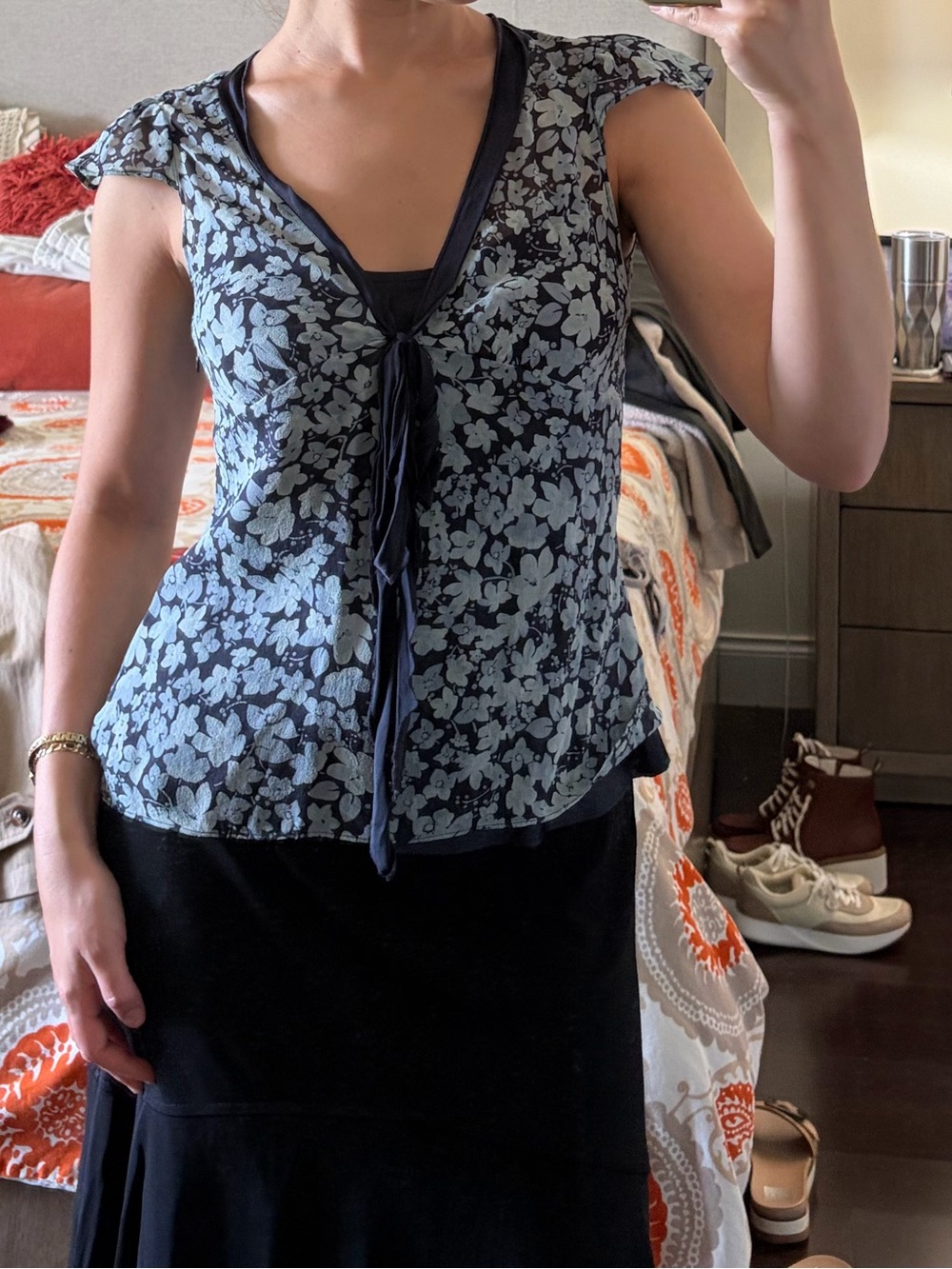 Banana Republic Blue Floral Tie-Front Cap Sleeve Blouse